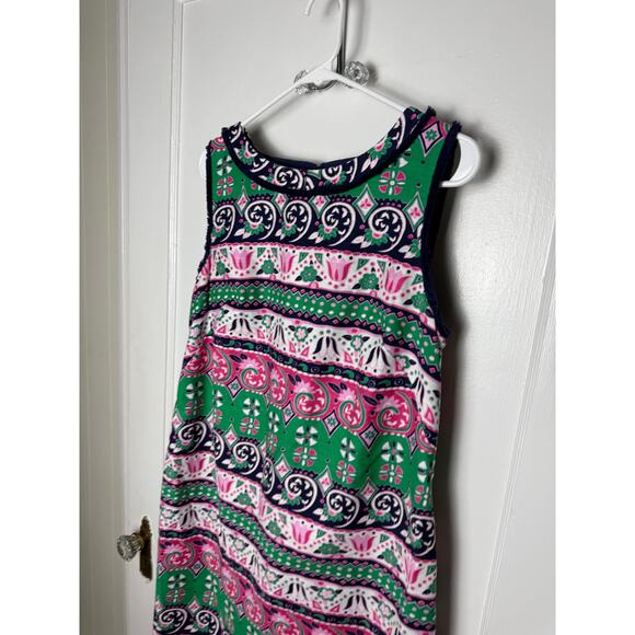 Talbots Dress Womens 10 Pink Green Sleeveless Shift Floral Fringe Classic Preppy - Picture 6 of 8